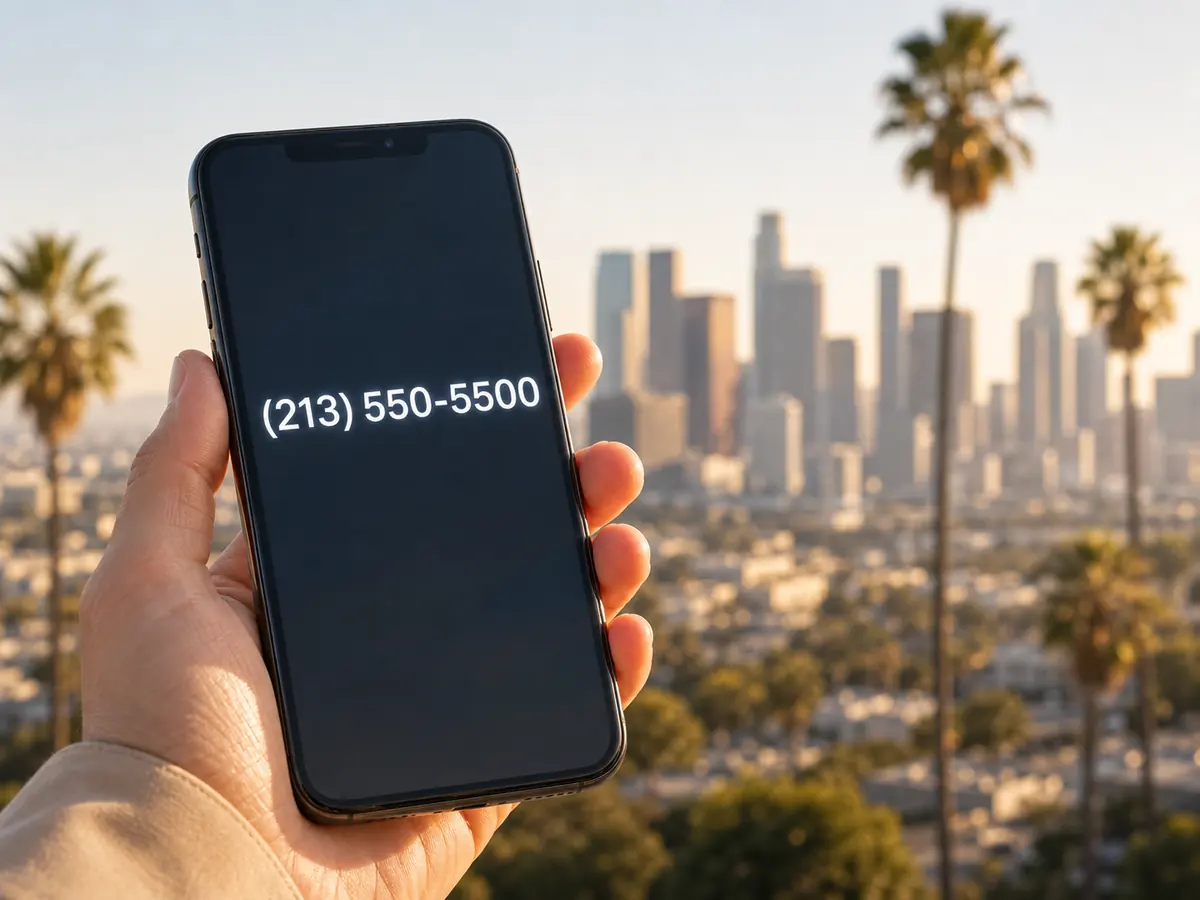 Los Angeles phone number shown on a smartphone with the city skyline behind it