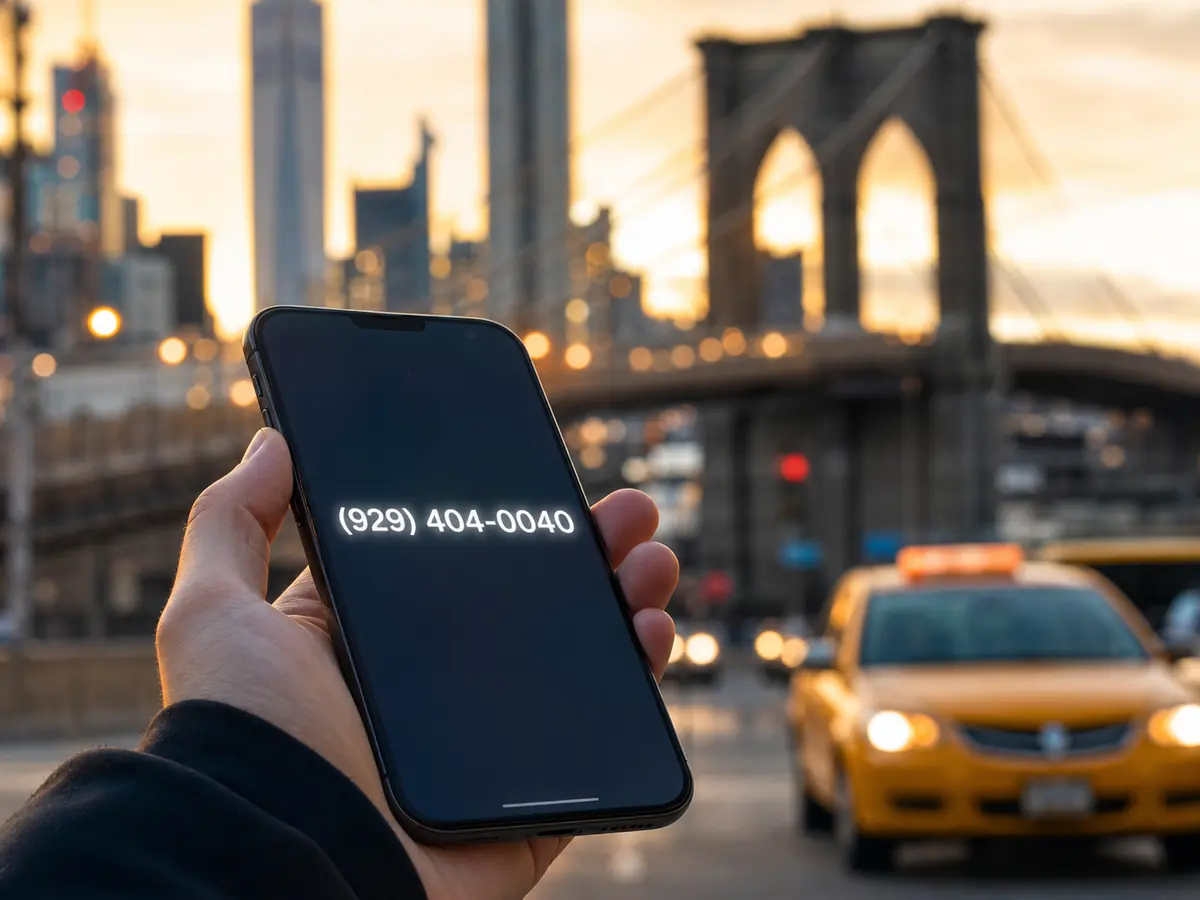 New York phone number shown on a smartphone with city traffic and a bridge behind it