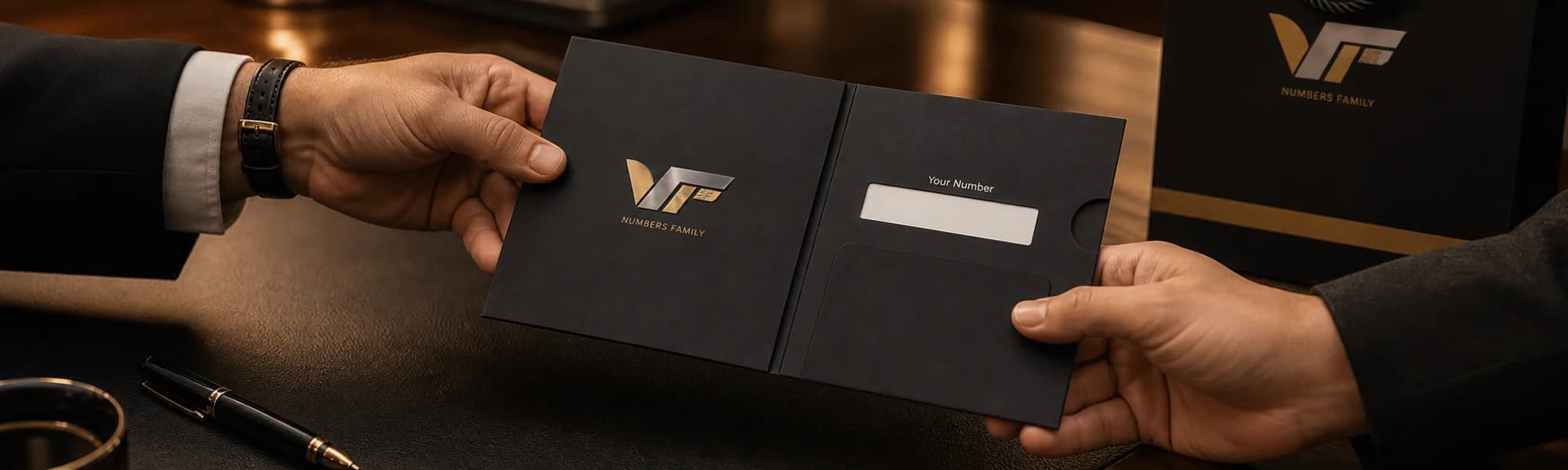 Hands presenting the black VIP Numbers Family folder with the Your Number card