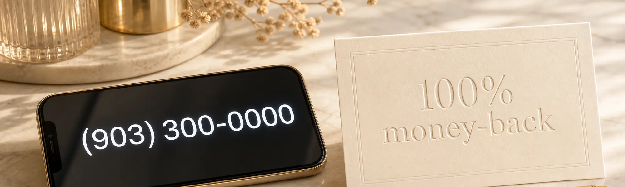 Phone number displayed beside a money-back guarantee card