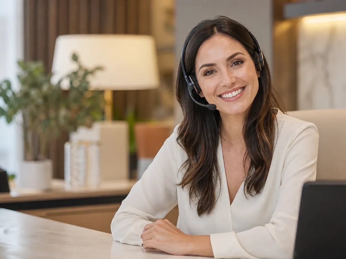 Friendly concierge support manager smiling in a warm office