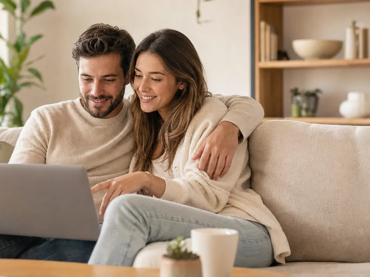Couple choosing a memorable phone number together at home