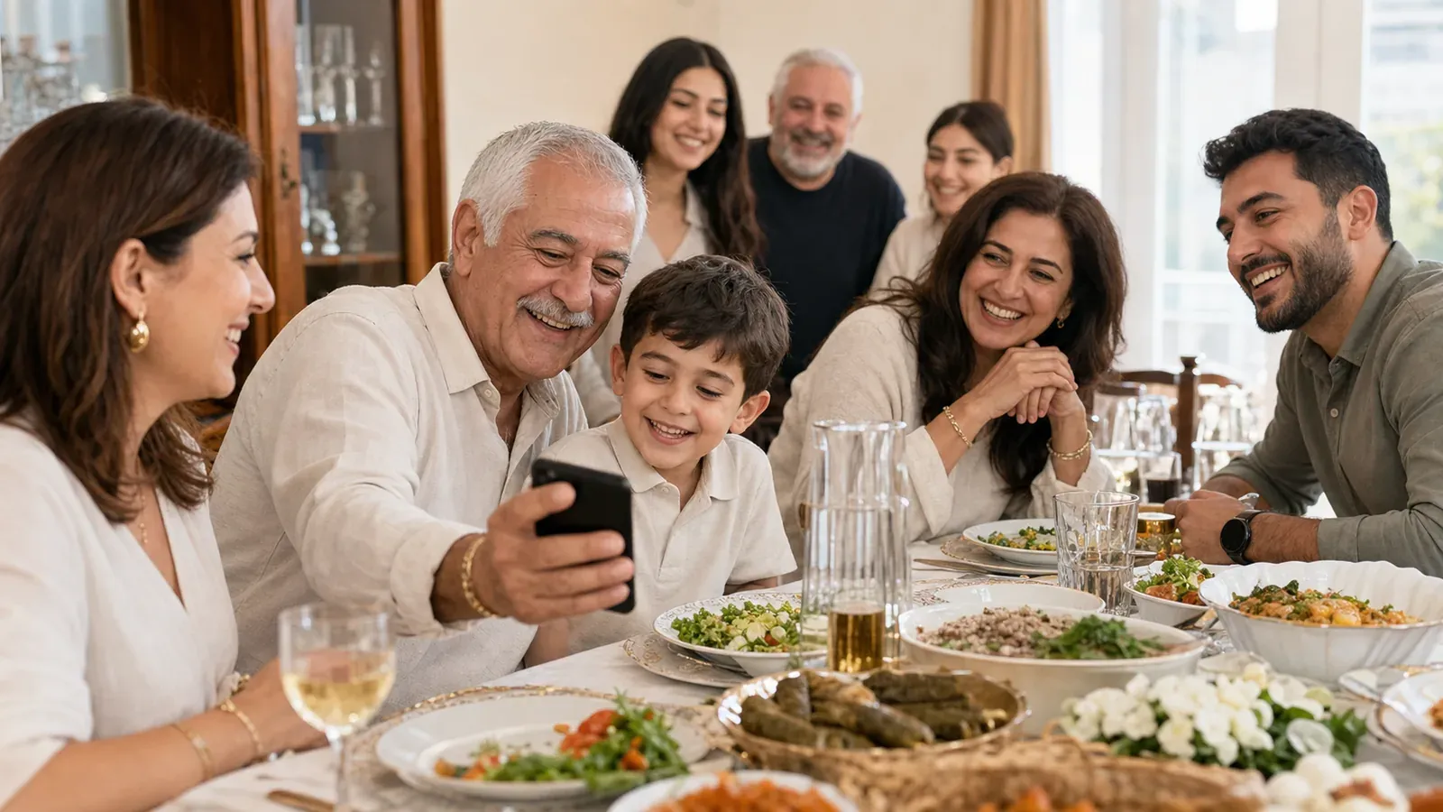 Multigenerational family laughing together around a Sunday table