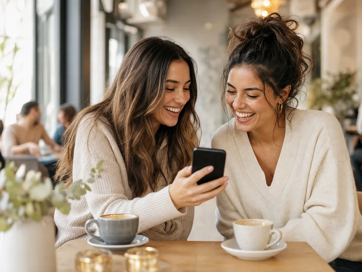 Two friends laughing together while looking at a phone in a warm cafe