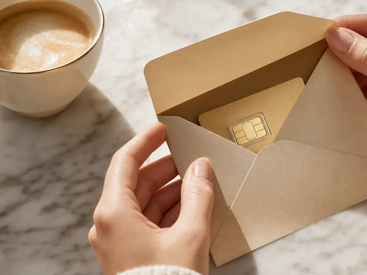 Hands opening a premium envelope with a gold SIM card on a marble table