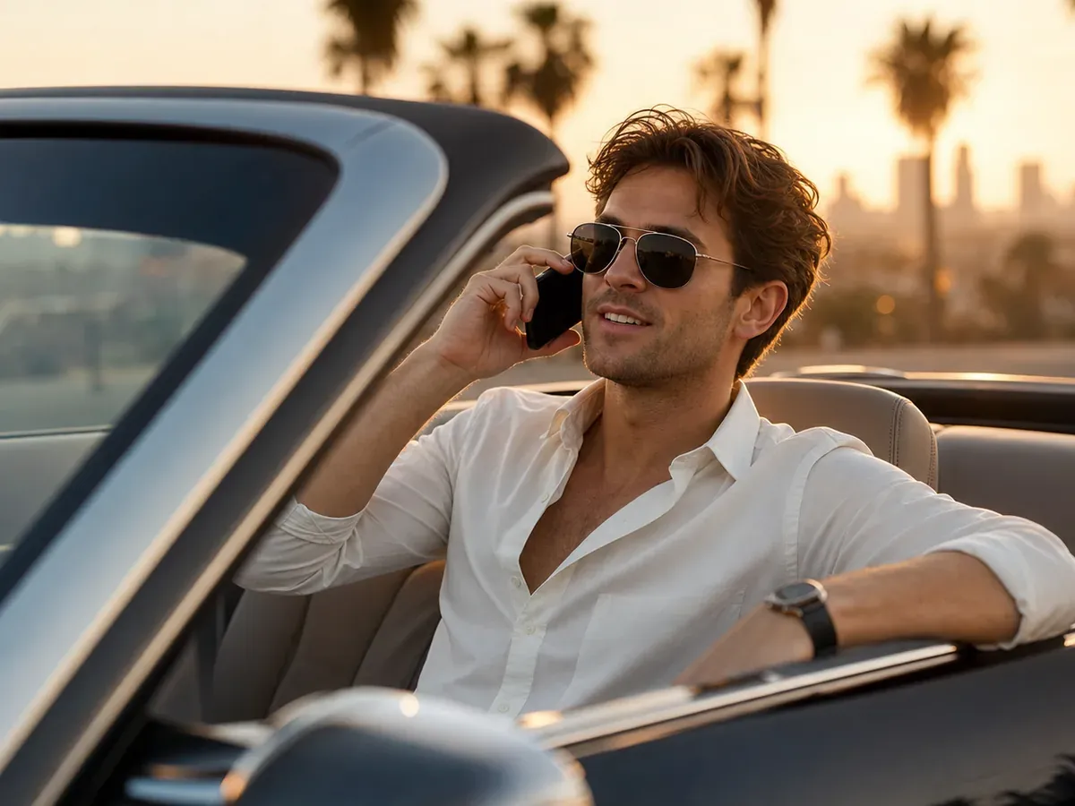 Successful customer taking a phone call from a convertible at sunset