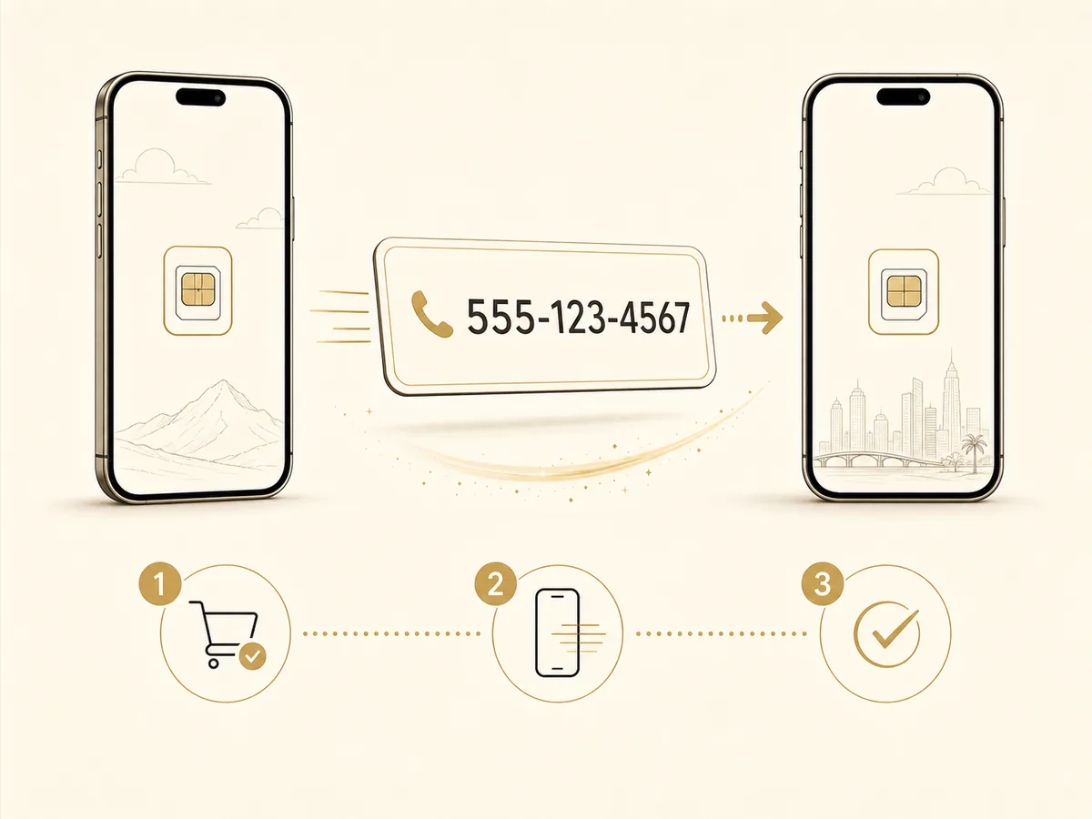 Three-step illustration showing a phone number transferring from one phone to another