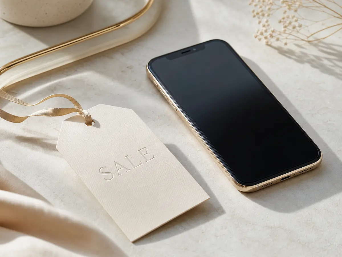 Premium phone beside an elegant sale tag on a light surface